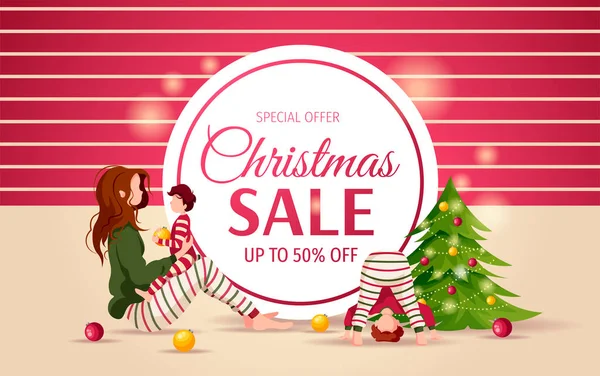 Carte Cadeau Voeux Noël Avec Une Famille Heureuse Pyjama — Image vectorielle