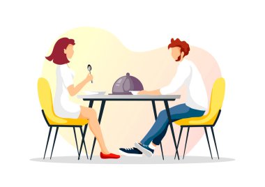 Kadın ve erkeğin vektör çizimi akşam yemeği yiyor.