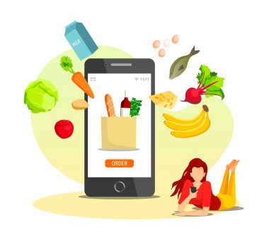 Telefonda vektör illüstrasyon çevrimiçi yemek teslimatı