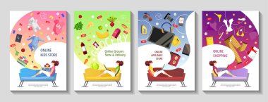 Cihaz, market, giysi ve bebek mağazası için pankart seti, online alışveriş. Genç kadınlar koltuklarda oturup ürünler sipariş ediyorlar. Posterler, afişler, el ilanları, reklamlar için vektör illüstrasyonları.