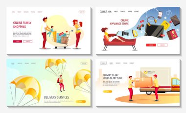 Çevrimiçi mağaza, alışveriş, süpermarket, sipariş, teslimat hizmetleri, kargo taşımacılığı, teslimatçılar için web sayfaları. Posterler, afişler, reklamlar, reklamlar için vektör illüstrasyonu.