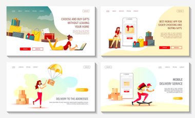 Çevrimiçi mağaza, alışveriş, süpermarket, sipariş, teslimat hizmetleri, kargo taşımacılığı, teslimatçı için web sayfaları. Posterler, afişler, reklamlar, reklamlar için vektör illüstrasyonu.