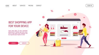 Kadın ve erkek dükkanda kıyafetlerle alışveriş yapıyor. vektör illüstrasyonu.