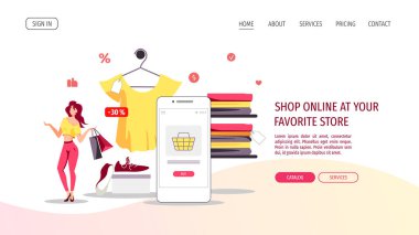 Kadın mağazada kıyafetlerle alışveriş yapıyor. vektör illüstrasyonu.