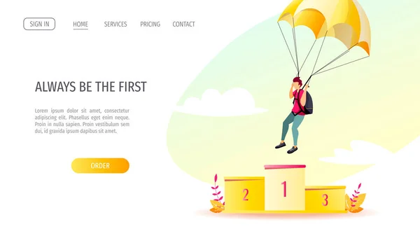 Web Page Design Com Aterrissagem Paraquedistas Primeiro Lugar Pedestal Sucesso —  Vetores de Stock