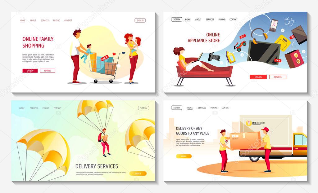 Set of web pages for Online store, Shopping, Supermarket, Ordering, Delivery services, Cargo transportation, Deliverymen. Vector illustration for posters, banners, advertising, commercials.