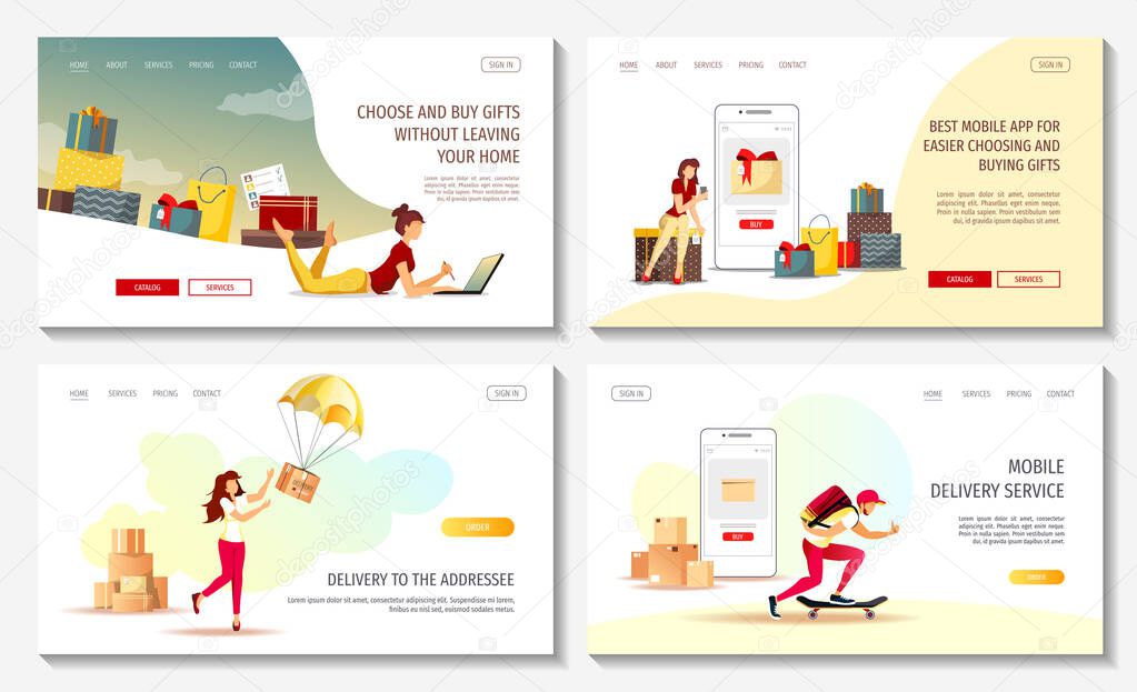 Set of web pages for Online store, Shopping, Supermarket, Ordering, Delivery services, Cargo transportation, Deliveryman. Vector illustration for posters, banners, advertising, commercials.