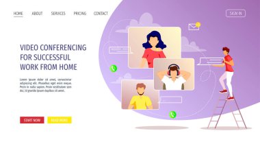 İnsanlarla bilgisayar konsepti üzerine video konferansının vektör illüstrasyonu