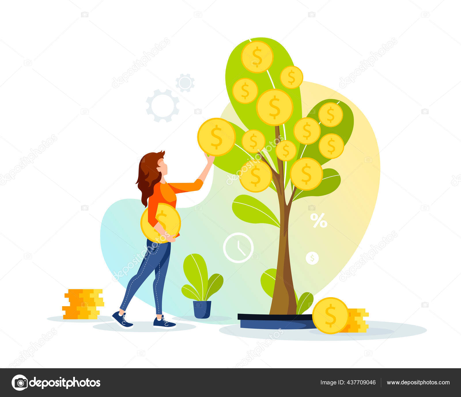 Tumbuh Pohon Dengan Koin Dan Wanita Mengambil Uang Tunai Dari Stok Vektor YagudinaTatyana 437709046