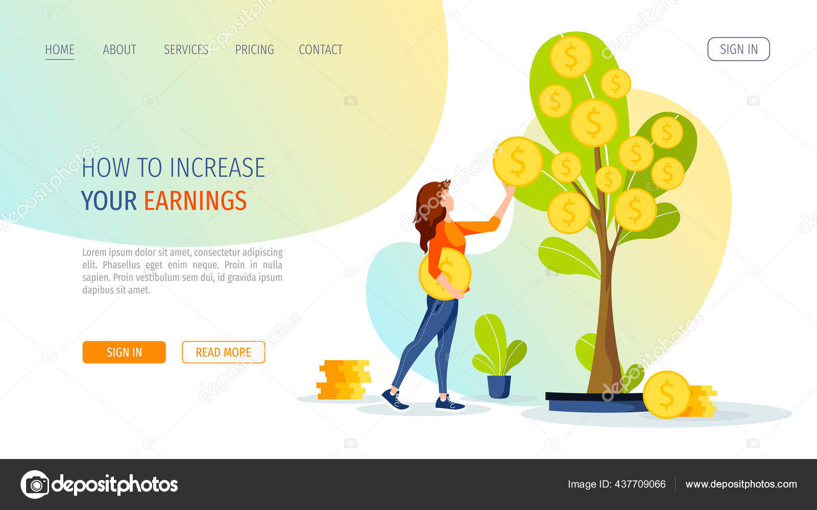 Wachsender Baum Mit Münzen Und Frau Die Bargeld Vom Geldbaum  Stock-Vektorbild von ©YagudinaTatyana 437709066, image size:1600x1000