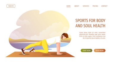 Adam minderde yoga egzersizi yapıyor. Doğada yoga. Sağlık, sağlıklı yaşam tarzı, spor, esneklik, fitness konsepti. Poster, afiş, kapak, kart için vektör illüstrasyonu.