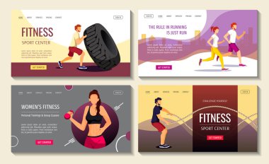 Spor, spor, egzersiz, eğitim, sağlıklı yaşam tarzı ve etkinlik için web sayfası tasarım şablonları. Poster, afiş, web sitesi, afiş, reklam için vektör illüstrasyonu.