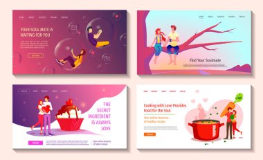 Sevgililer Günü için birbirine aşık genç çiftlerin olduğu web sayfaları. İlişki, aşk, sevgililer günü, romantik konsept. Pankart, poster, kart, web sitesi için vektör illüstrasyonu.