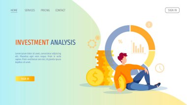 Diyagram, telefon, bozuk para ve oturan adam. Kâr, para kazanmak, finans uygulaması, iş, yatırım analizi konsepti. Pankart, poster, web sitesi için vektör illüstrasyonu.  