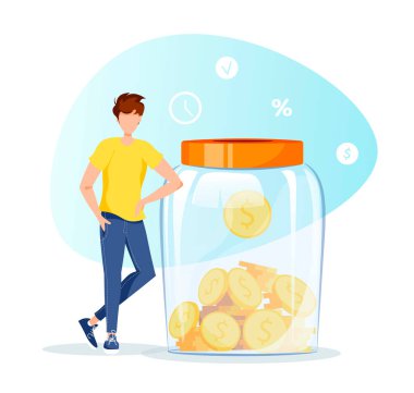 İçinde bozuk paralar ve genç bir adam olan kavanoz şeklinde büyük bir kumbara. Para biriktirme veya biriktirme, finansal hizmetler, mevduat konsepti. İzole vektör illüstrasyonu.