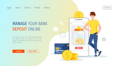 İçinde bozuk paralar, telefon ve genç adam olan kavanoz şeklinde büyük bir kumbara. Para biriktirme, finansal hizmetler, mobil uygulama, internet bankacılığı kavramı. İzole vektör illüstrasyonu.