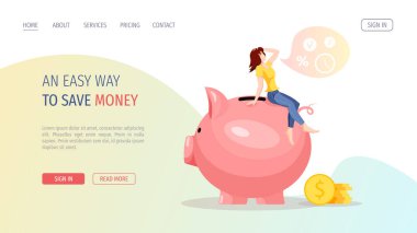 Domuz yavrusu, bozuk para ve genç kadın şeklinde büyük bir kumbara. Para biriktirme veya biriktirme, finansal hizmetler, mevduat konsepti. Pankart, poster, reklam için izole vektör illüstrasyonu.