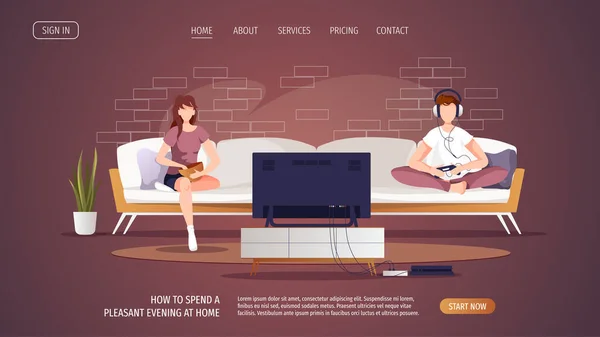 ソファに座っている人たち テレビを見てる女ゲーム機をしてる男 リビングルーム インテリア ホームレジャー テレビのコンセプト ポスター バナー ウェブサイトのベクトルイラスト — ストックベクタ