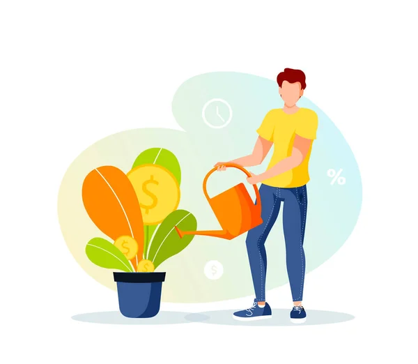 Planta Cultivo Maceta Con Monedas Hombre Regando Planta Dinero Beneficio — Vector de stock