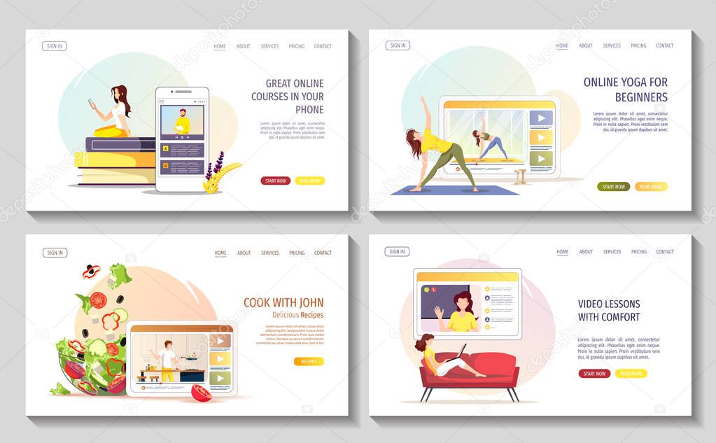 Set of web pages with video tutorials or lessons. Studying, Online training, Online yoga, e-learning courses, vlog, food blog concept. Vector illustration for poster, banner, advertising.
