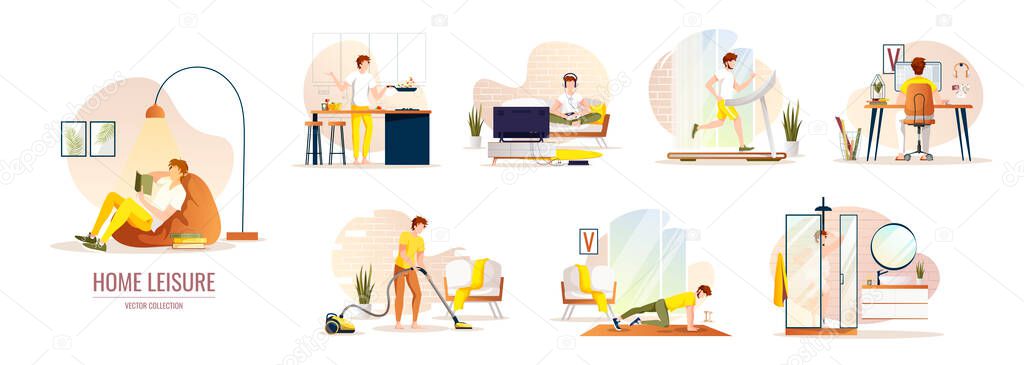 Set of web pages for home activities or leisure. Stay home concept. Vector illustration for posters, banners, websites.