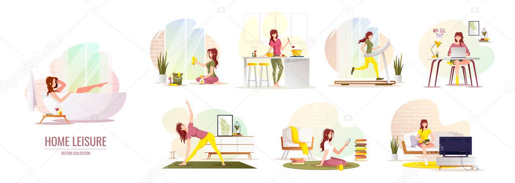 Set of web pages for home activities or leisure. Stay home concept. Vector illustration for posters, banners, websites.