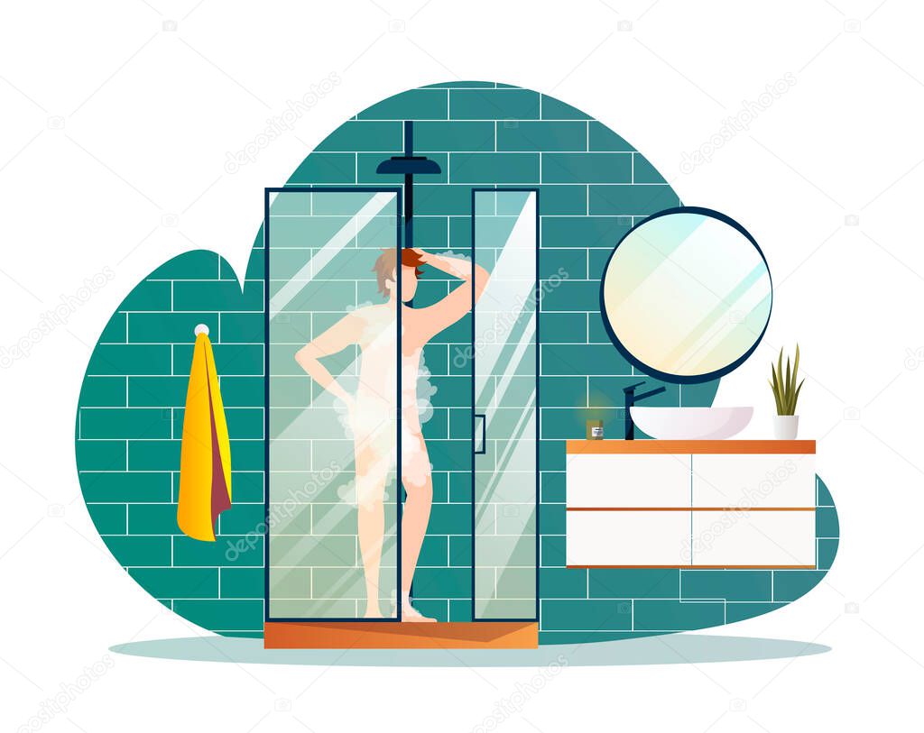 Young soapy man standing in the shower cabin. Taking shower, hygiene, relaxation, bathroom concept. Vector illustration for poster, banner, website.