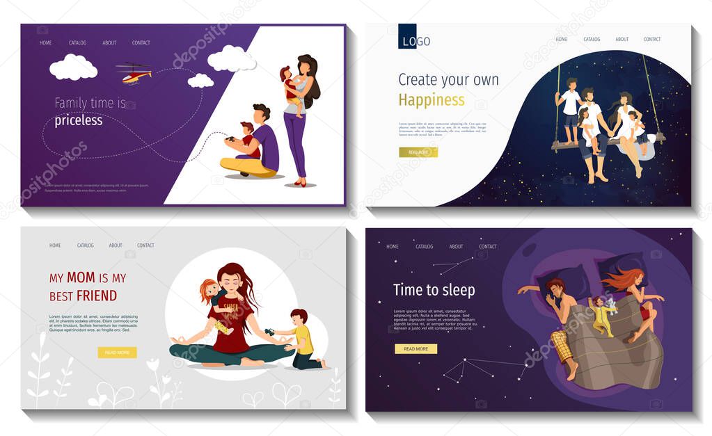 Set of web page design templates for happy family, love, happiness, parenthood, childhood, holidays, values, serenity, outdoor, nature. Perfect for in posters, banners, website developments.