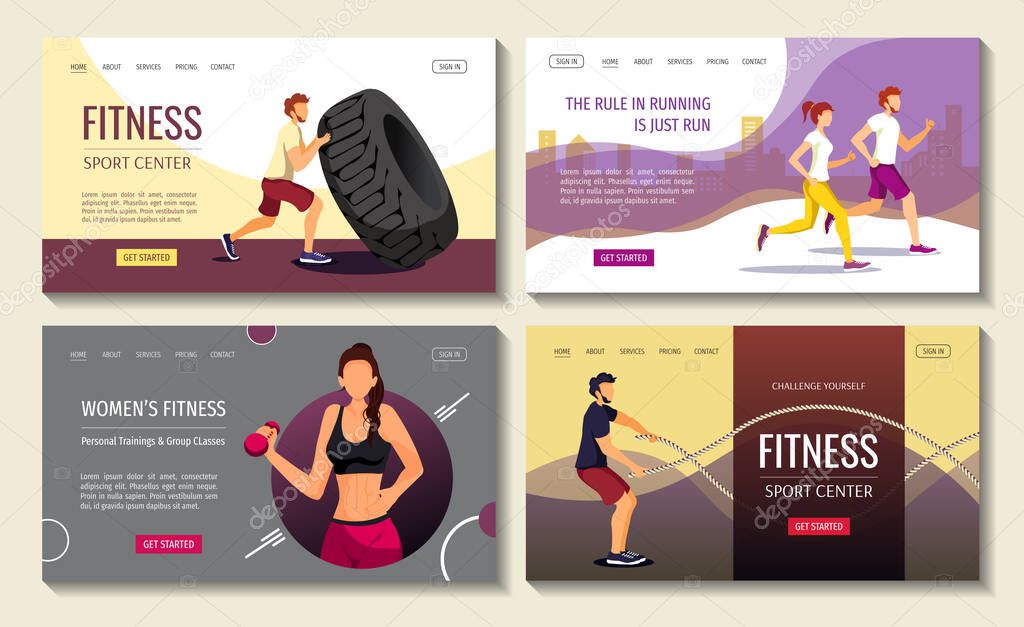 Set of web page design templates for Sport, Fitness, Workout, Training, Healthy Lifestyle, Activity. Vector illustration for poster, banner, website, placard, commercial.