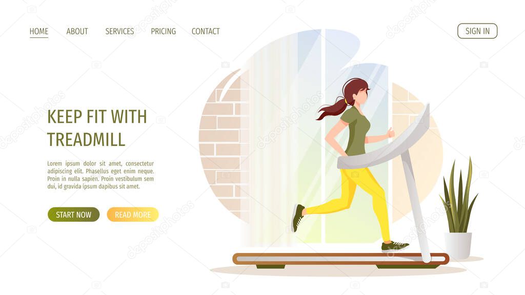 Young woman running on a treadmill. Running, Sport training, Healthy lifestyle, Energy, Fitness. Cardio workout concept. Vector illustration for poster, banner, placard, website, flyer.