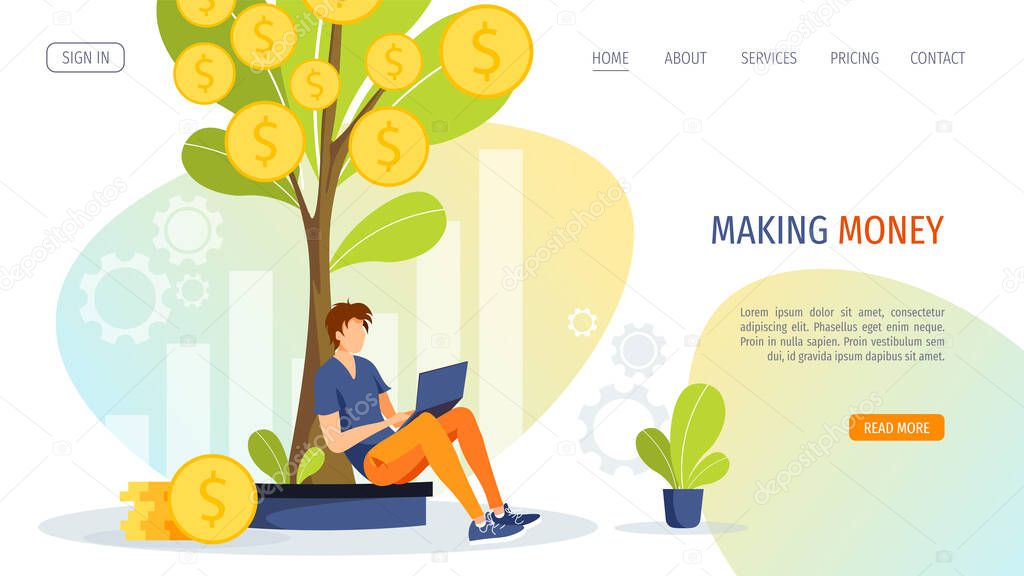 Growing tree with coins and man working with laptop. Profit, income and financial money making investment success concept. Isolated vector illustration for banner, poster, advertising.