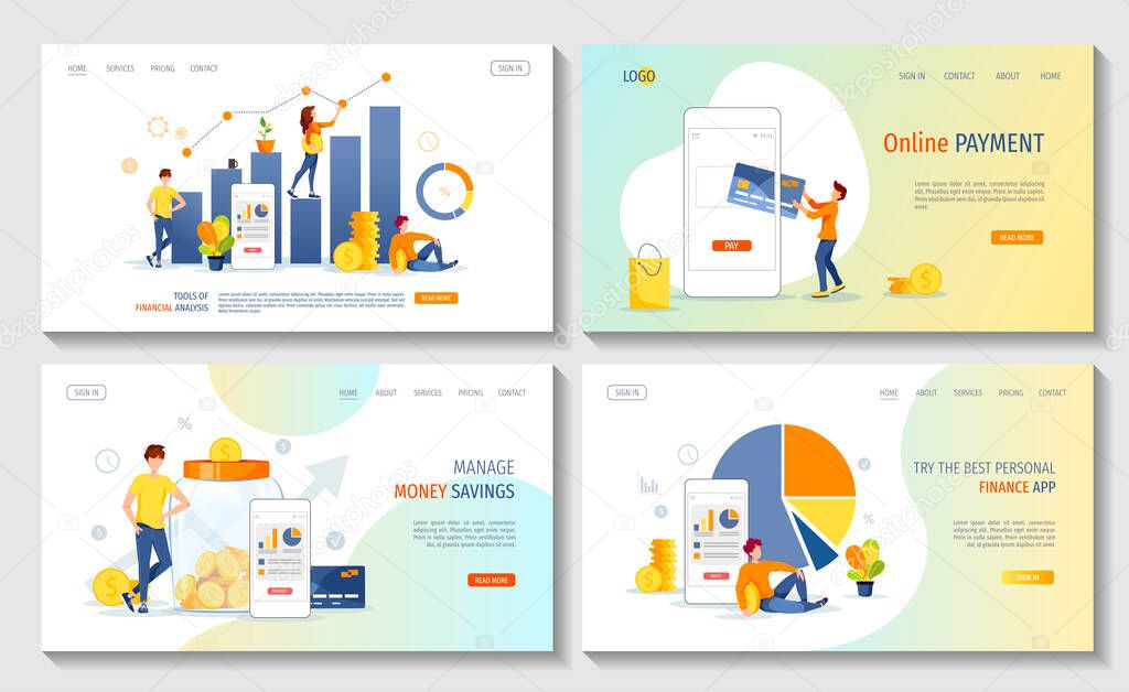 Money saving or accumulating, Deposit concept. Set of web pages, banners. Vector illustration.