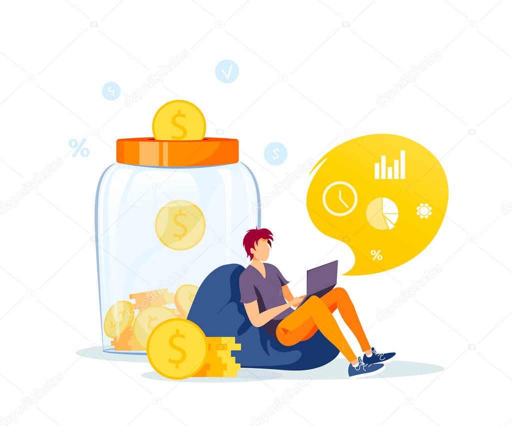 Large piggy bank in the form of a jar with coins inside and man working with laptop. Money saving or accumulating, Financial services, Deposit concept. Isolated vector illustration.