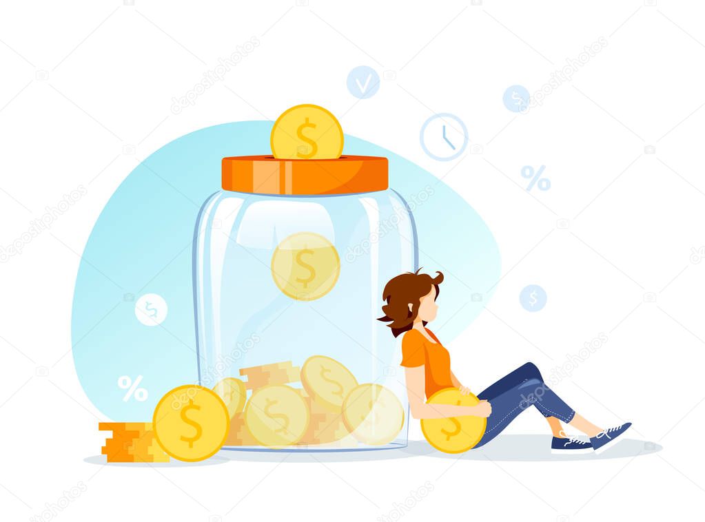 Large piggy bank in the form of a jar with coins inside and young woman. Money saving or accumulating, Financial services, Deposit concept. Isolated vector illustration.