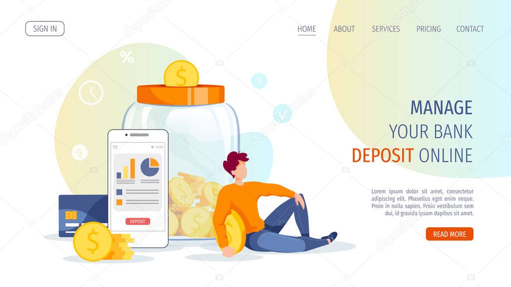 Large piggy bank in the form of a jar with coins inside, phone and young man. Money saving or accumulating, Financial services, Mobile app, Internet banking concept. Isolated vector illustration.