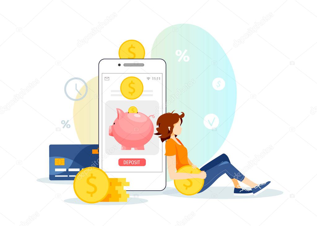 Phone with piggy bank on the screen, coins and young woman. Money saving or accumulating, Financial services, Mobile app, Internet banking concept. Isolated vector illustration.