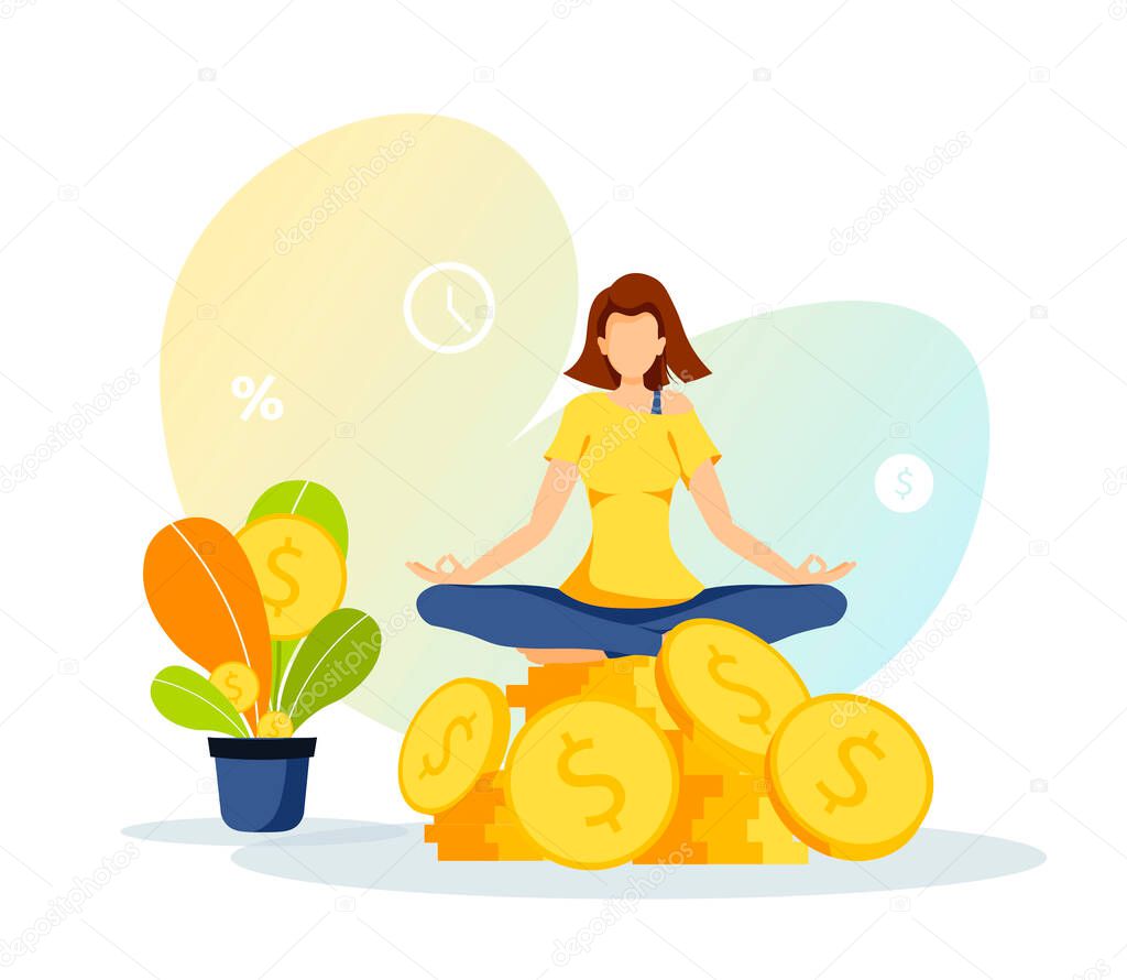 Pile of coins with meditating woman and money plant. Profit, income, budget, prosperity, financial success, savings concept. Vector illustration for banner, poster, website.