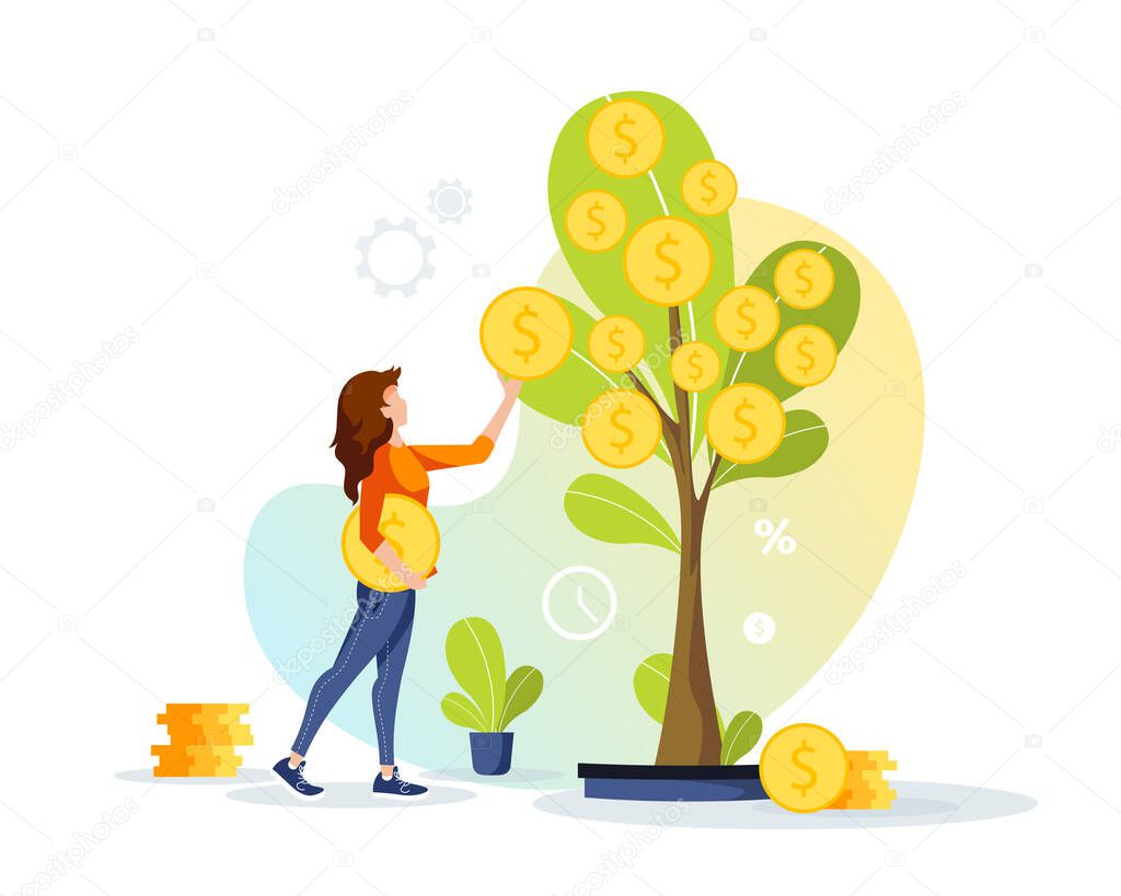 Growing tree with coins and woman picking cash from the money tree. making money Profit and income, financial success, investment concept. Isolated vector illustration for banner, poster, advertising.
