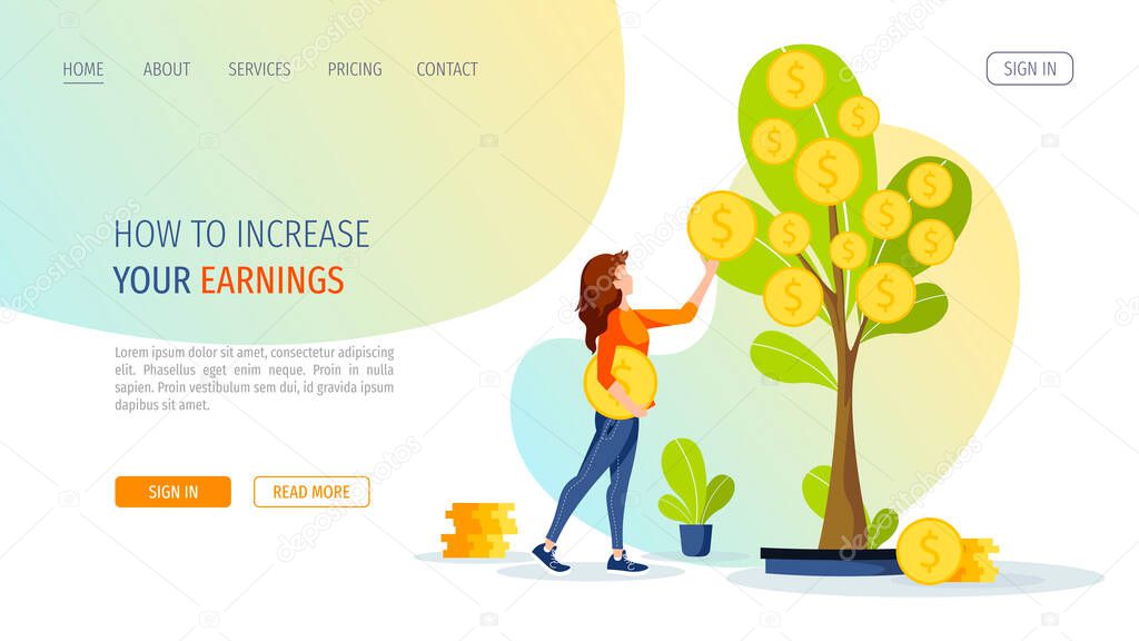 Growing tree with coins and woman picking cash from the money tree. making money Profit and income, financial success, investment concept. Isolated vector illustration for banner, poster, advertising. 