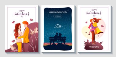 Sevgililer Günü için birbirine aşık genç çiftlerin olduğu web sayfaları. İlişki, aşk, sevgililer günü, romantik konsept. Pankart, poster, kart, web sitesi için vektör illüstrasyonu.