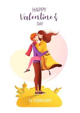 Birbirine aşık genç bir çift. Sevgi dolu bir adam kadını kollarında tutuyor. İlişki, Aşk, Sevgililer Günü, Romantik konsept. Pankart, kartpostal, poster, kart için izole vektör illüstrasyonu.