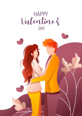 Birbirine aşık genç bir çift. Sevgi dolu erkek sarılan kadın. İlişki, Aşk, Sevgililer Günü, 14 Şubat, romantik konsept. Pankart, web sitesi, poster, kart için vektör illüstrasyonu.