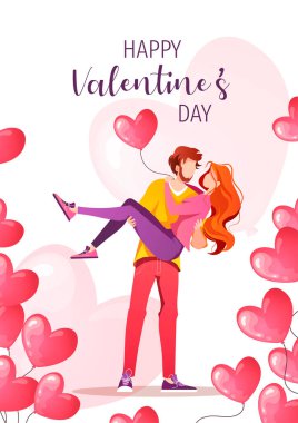 Birbirine aşık genç bir çift. Sevgi dolu erkek sarılan kadın. İlişki, Aşk, Sevgililer Günü, 14 Şubat, romantik konsept. Pankart, web sitesi, poster, kart için vektör illüstrasyonu.