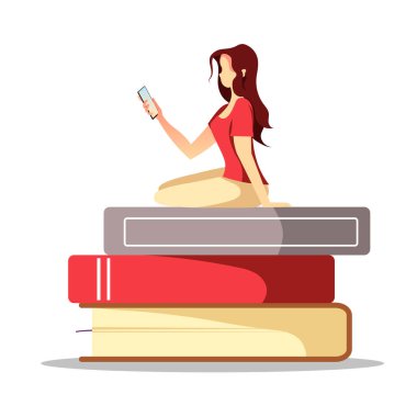 Elinde telefon ve kitaplarla oturan bir kadın. Kitapçı, kitapçı, kitapçı, e-kitap okuyucu, e-kütüphane konsepti. Poster, afiş ve kapak için izole vektör illüstrasyonu.