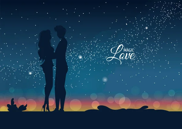 Silueta Abrazar Pareja Enamorada Por Noche Estrellas Luces Ciudad Horizonte — Vector de stock