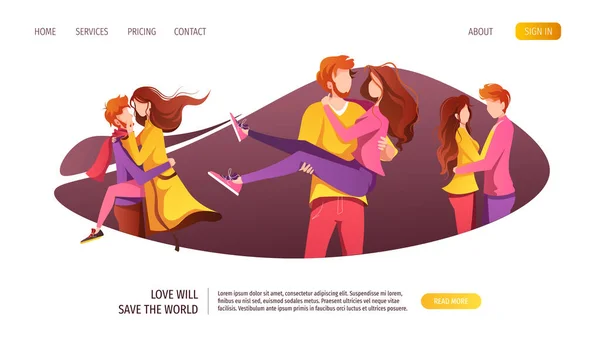 Set Webpagina Voor Happy Valentine Day Met Verliefde Jonge Stellen — Stockvector