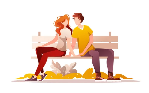 若いカップルの愛のベンチに座っている バレンタインデーのための関係と愛の概念 バナー ウェブサイト ポスター カードの日付ベクトルイラスト — ストックベクタ