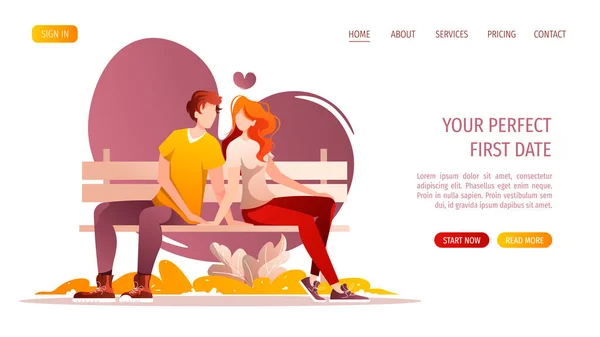 若いカップルの愛のベンチに座っている バレンタインデーのための関係と愛の概念 バナー ウェブサイト ポスター カードの日付ベクトルイラスト — ストックベクタ