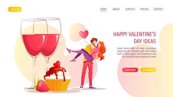 Casal Apaixonado Cupcake Copos Vinho Tinto Flores Balões Coração Dia — Vetor de Stock