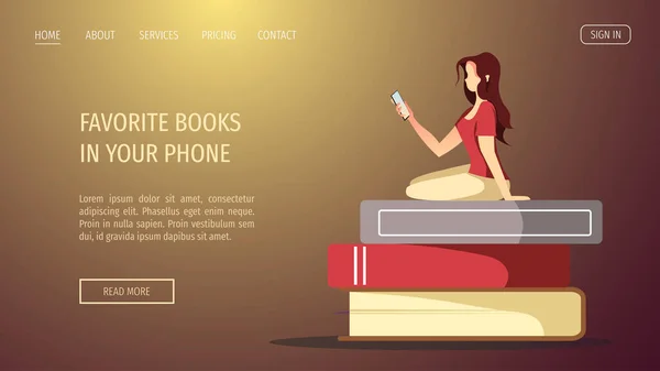 女性の電話や本のスタックに座っている 書籍愛好家 電子書籍リーダー 電子図書館の概念 ポスター バナー カバーのための絶縁ベクトルイラスト — ストックベクタ